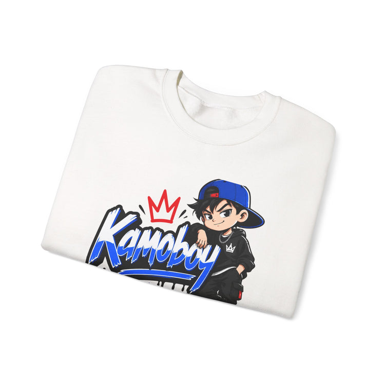 Folded White Kamoboy Crown Crew Sweatshirt showing the blue graffiti logo, red crown, and anime-style character
