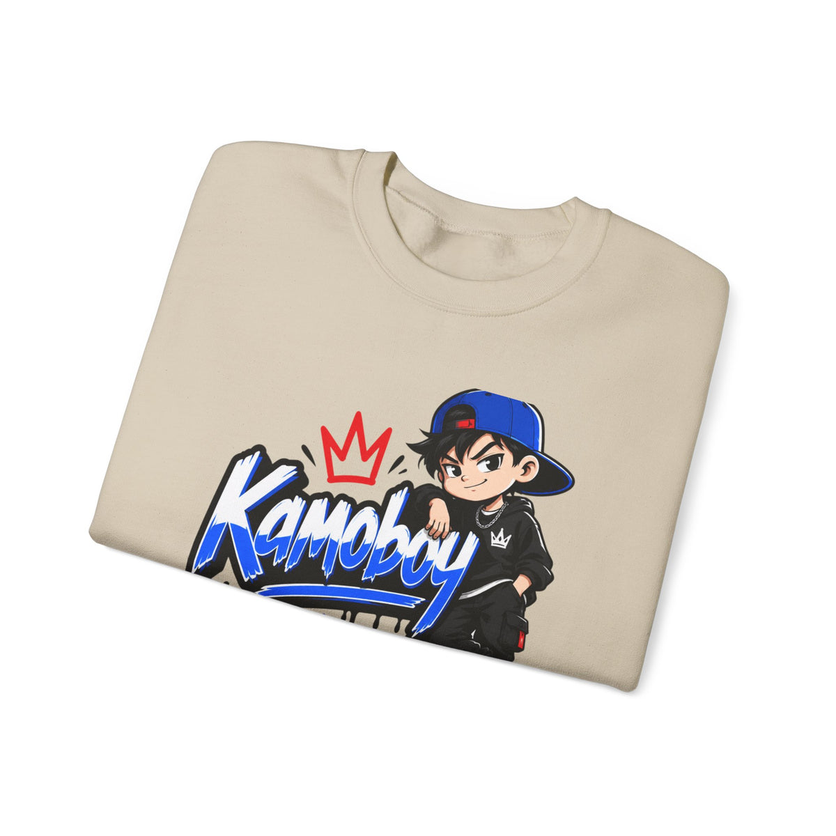 Folded Sand Kamoboy Crown Crew Sweatshirt showing the blue graffiti logo, red crown, and anime-style character