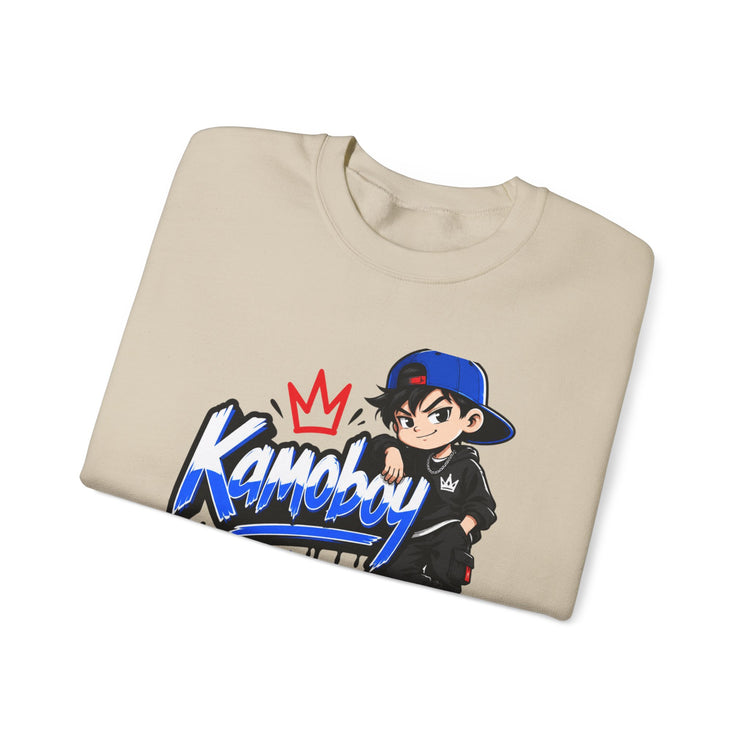 Folded Sand Kamoboy Crown Crew Sweatshirt showing the blue graffiti logo, red crown, and anime-style character
