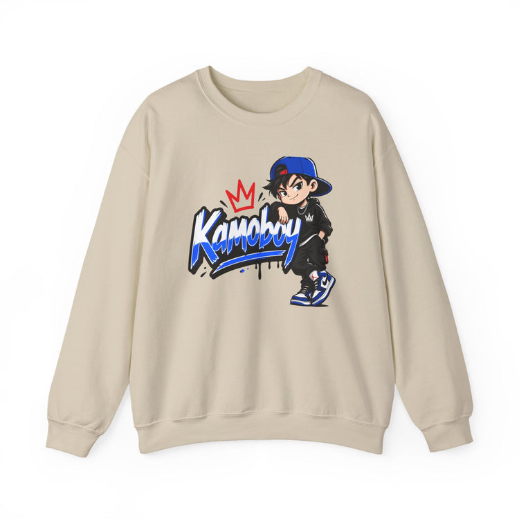 Kamoboy Crown Crew Sweatshirt in Sand with blue graffiti lettering, a red crown, and an anime-style character