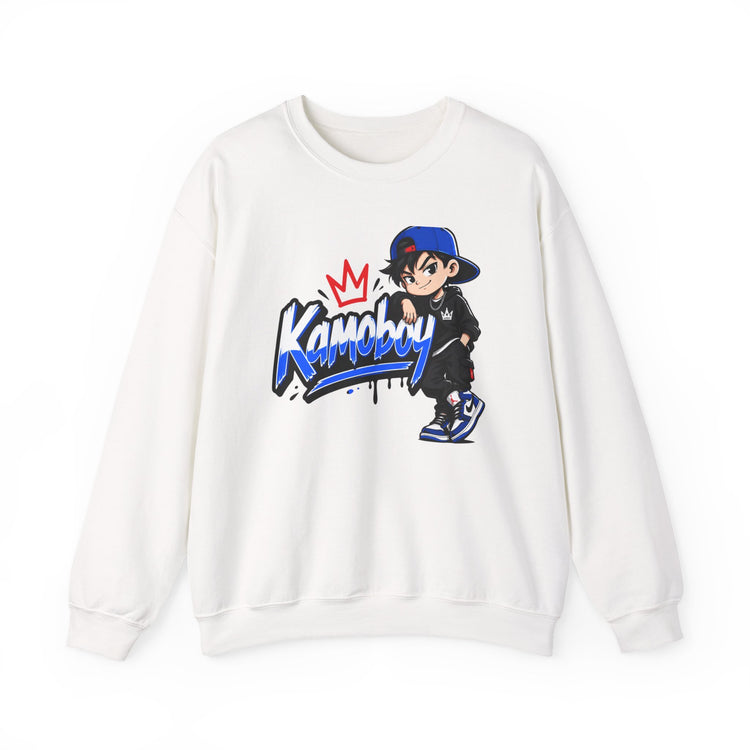 Kamoboy Crown Crew Sweatshirt in White with blue graffiti lettering, a red crown, and an anime-style character